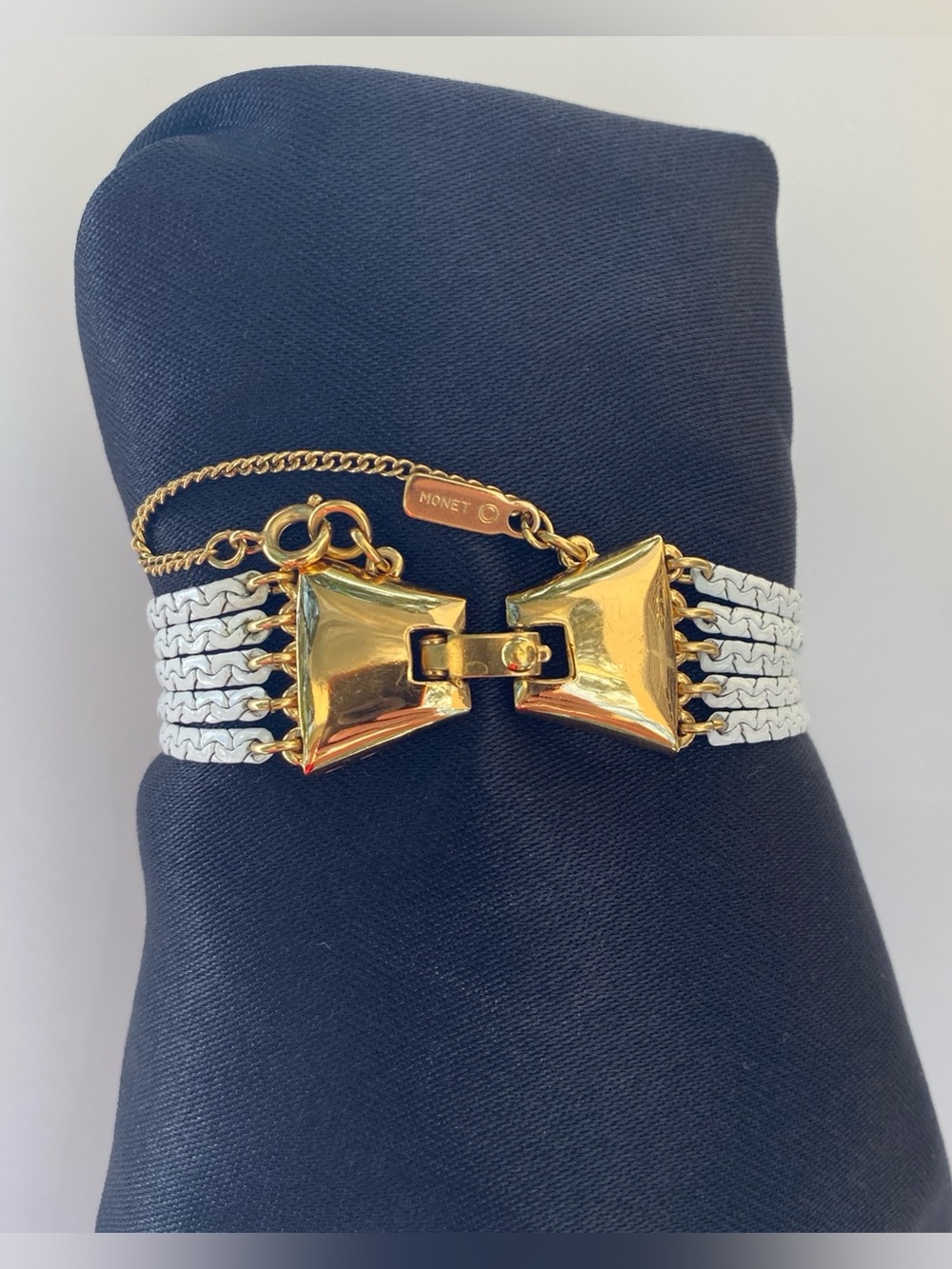 Monet Vintage White Mesh Style Metal 5 Strand Bracelet Gold Color Clasp Chain